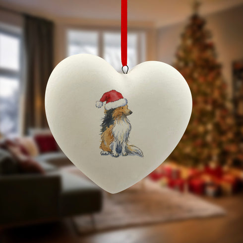 Sheltie in Santa Hat Christmas Heart Bauble